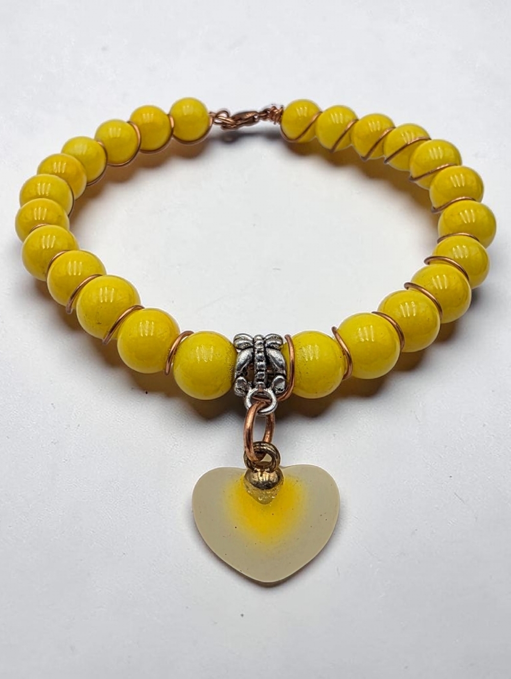 Handmade Wire-Wrapped Yellow Beaded Bracelet with Frosted Heart Charm